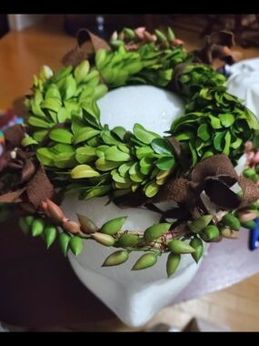 Green Leaf Wreath Headpiece with Brown Ribbon Accents